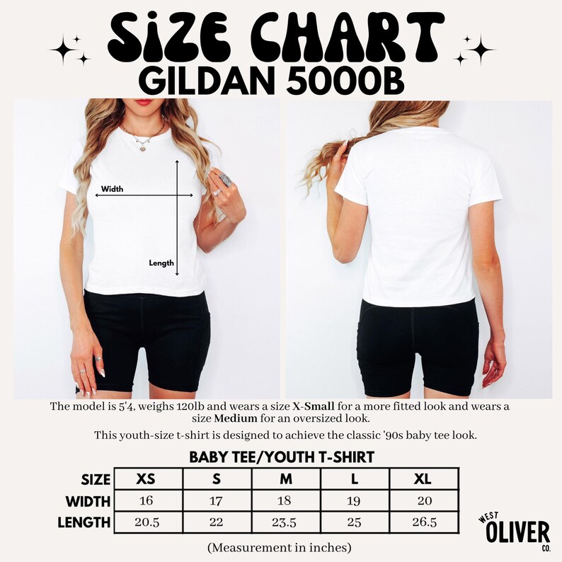 May include: Size chart for Gildan 5000B youth t-shirts. The chart shows the width and length measurements in inches for sizes XS, S, M, L, and XL.