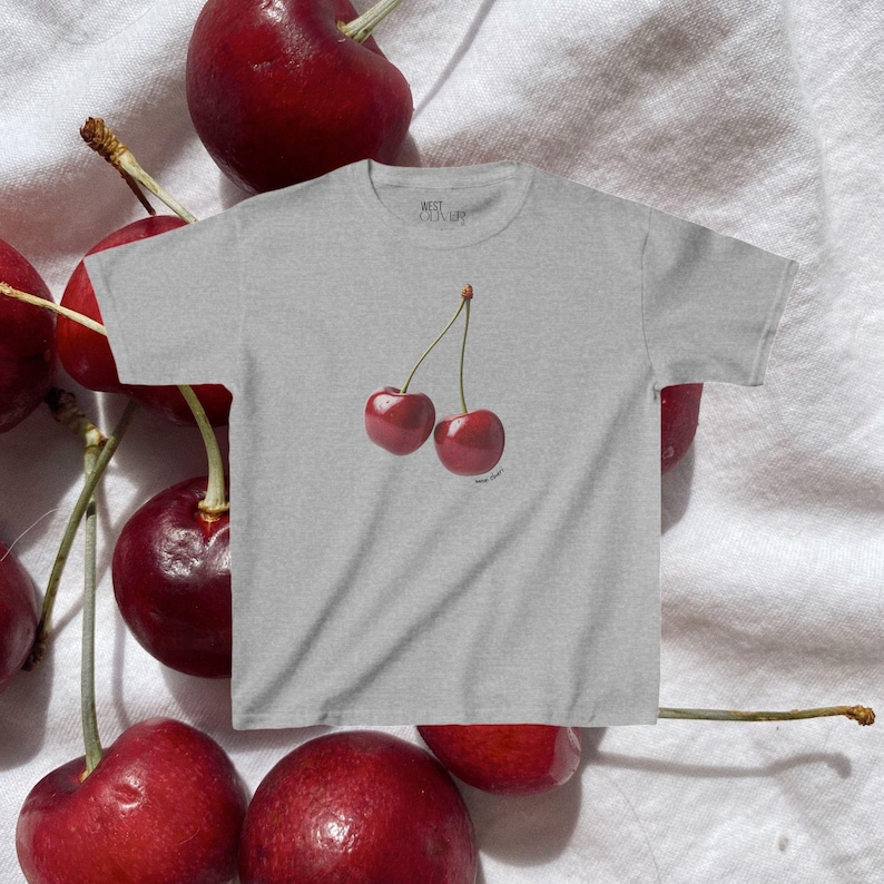 Mon Cheri Cherry Baby Tee, Trendy Fruit Crop Top, Downtown Girl T Shirt, Y2K Red Cherries Graphic T-Shirt, Cherry Bomb Mini 90s 2000s Tee Sport Grey