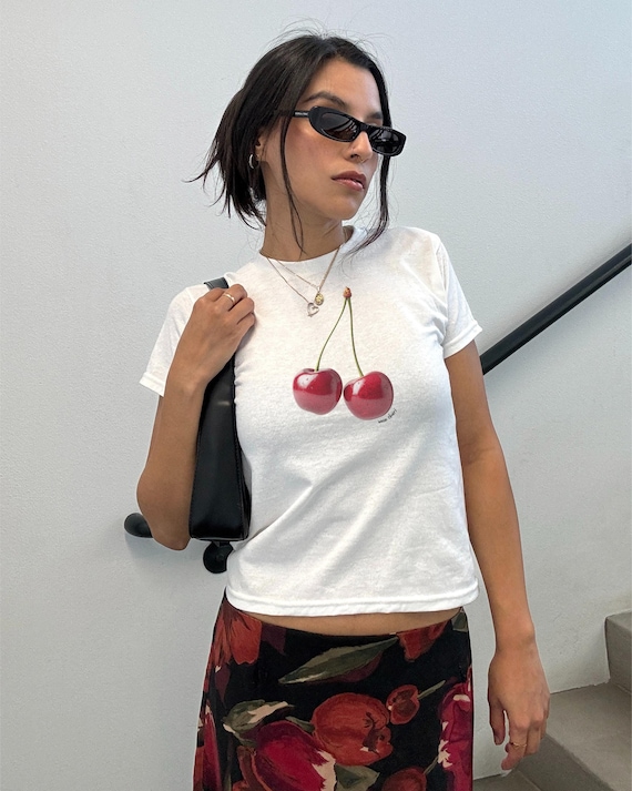 Mon Cheri Cherry Baby Tee, Trendy Fruit Crop Top, Downtown Girl T Shirt, Y2K Red Cherries Graphic T-Shirt, Cherry Bomb Mini 90s 2000s Tee