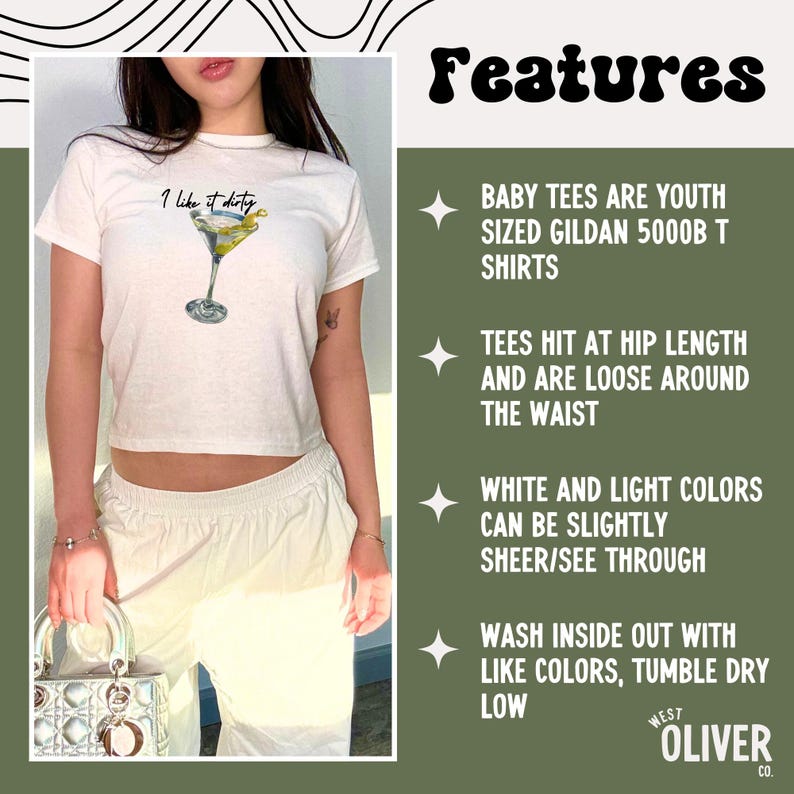 May include: White cropped t-shirt with the text "I like it dirty" and a drawing of a martini glass. The shirt is a youth-sized Gildan 5000B t-shirt.