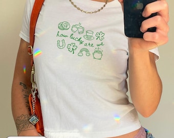 How Lucky Are We St Patricks Day Baby Tee Women Irish Horseshoe Clover Crop Top Green Shamrock St Paddys Day T Shirt St Pattys Day Outfit