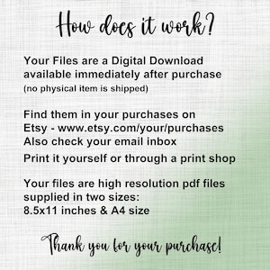 May include: A digital download information sheet with the text "How does it work?" and instructions on how to access the files after purchase. Includes information about Etsy purchases, email inbox, and printing options. The sheet is 8.5x11 inches and A4 size.