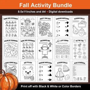 May include: A collection of printable fall-themed activity pages. The pages include games like shadow matching, I-spy, and dot-to-dot, along with scissor skills and color-by-number activities. The text at the top reads "Fall Activity Bundle" and "8.5x11 inches and A4 &bull; Digital downloads."