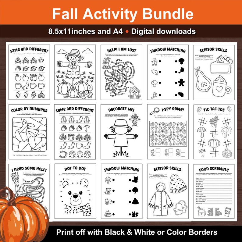 May include: A collection of printable fall-themed activity pages. The pages include games like shadow matching, I-spy, and dot-to-dot, along with scissor skills and color-by-number activities. The text at the top reads "Fall Activity Bundle" and "8.5x11 inches and A4 &bull; Digital downloads."