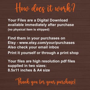 May include: A digital download information sheet with the text "How does it work?" in orange script. The sheet explains how to access digital files after purchase, including Etsy and email instructions, and print size options of 8.5x11 inches and A4.