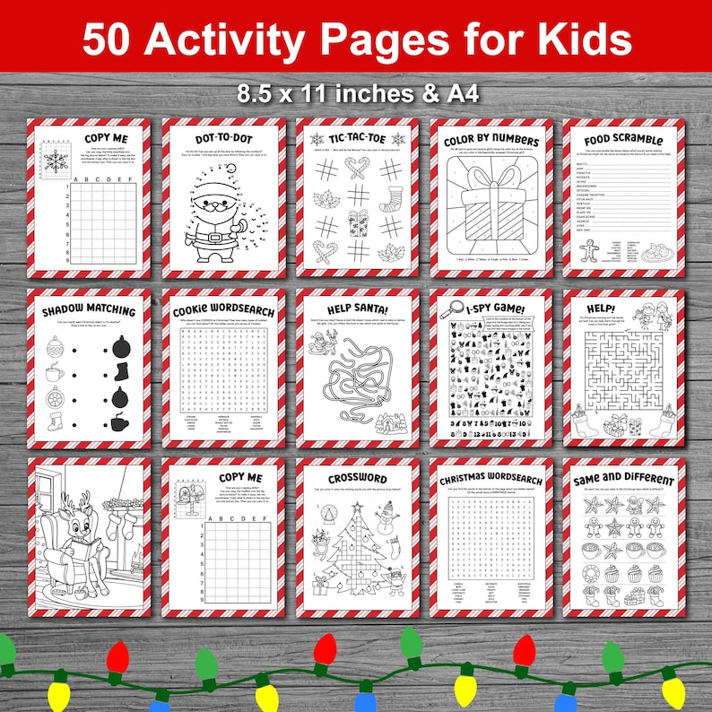 Christmas Activity Pages Bundle for Kids. 50 Printable Christmas Activities for Classroom Parties, School and Home during the Holiday Season. Children's printable Christmas activity pages. Letter to Santa included.
