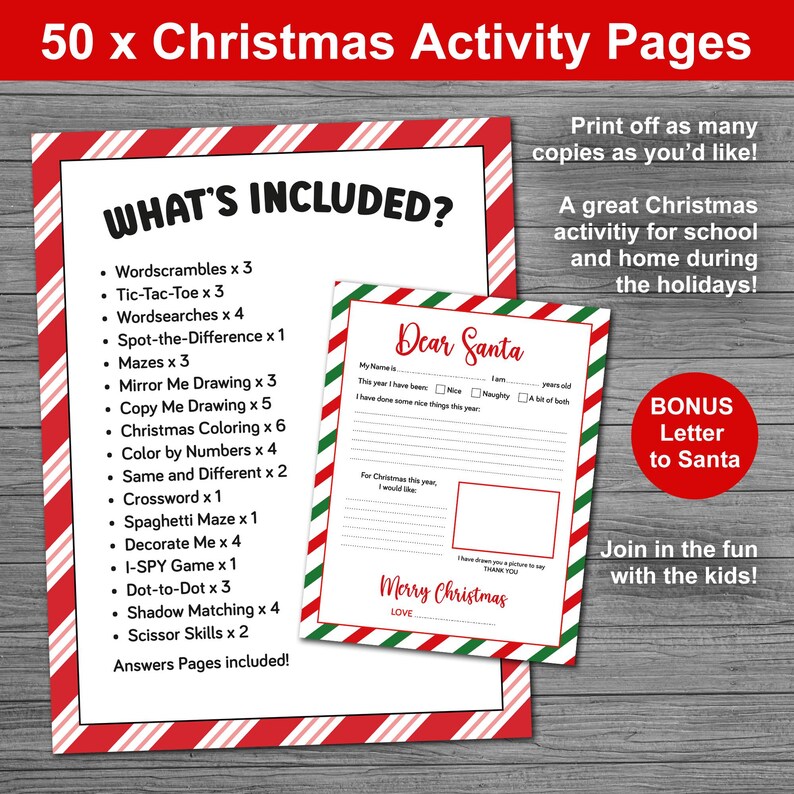 May include: Christmas activity pages with a red and white striped border. Includes word scrambles, mazes, coloring pages, and a letter to Santa. Perfect for school or home holiday fun.