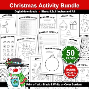 子供向けクリスマスアクティビティページセット。ホリデーシーズンに教室、学校、自宅で楽しめる、印刷可能なクリスマスアクティビティ50選