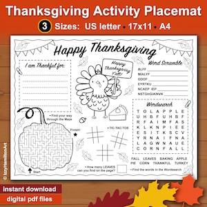 Thanksgiving Activity Placemat, Happy Thanksgiving Coloring Page, Thankful Activity Sheet, Thanksgiving Placemat Craft, Sunday School games