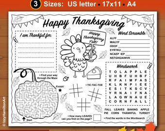 Thanksgiving Activity Placemat, Happy Thanksgiving Coloring Page, Thankful Activity Sheet, Thanksgiving Placemat Craft, Sunday School games