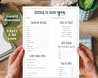 Employee Favorite Things Survey, Getting to Know You Printable, All About Me Questionnaire, Coworker Questions, Staff Appreciation