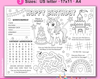 Unicorn Birthday Activity Placemat for Kids. Happy Birthday unicorn printable for Birthday Dinners, Birthday Parties and Party Goodie Bags.