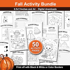 Fall Activity Pages Bundle for Kids. 50 Printable Fall themed Autumn Fun Activities for School and Home during the Holiday Season. Printable Fall activity pages for kids. Color borders or black and white borders.