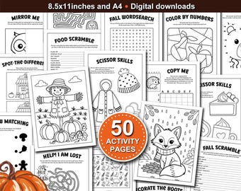 Fall Activity Pages for Kids. 50 page printable bundle. Fall themed Autumn Fun Activities for School and Home during the Holiday Season