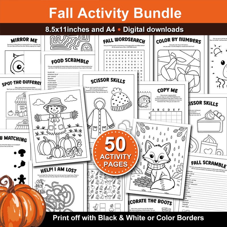 Fall Activity Pages Bundle for Kids. 50 Printable Fall themed Autumn Fun Activities for School and Home during the Holiday Season. Printable Fall activity pages for kids. Color borders or black and white borders.
