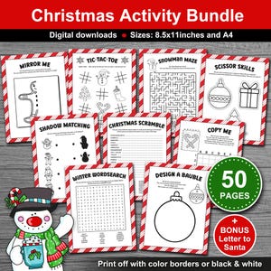 Christmas Activity Pages Bundle for Kids. 50 Printable Christmas Activities for Classroom Parties, School and Home during the Holiday Season. Children's printable Christmas activity pages. Letter to Santa included.
