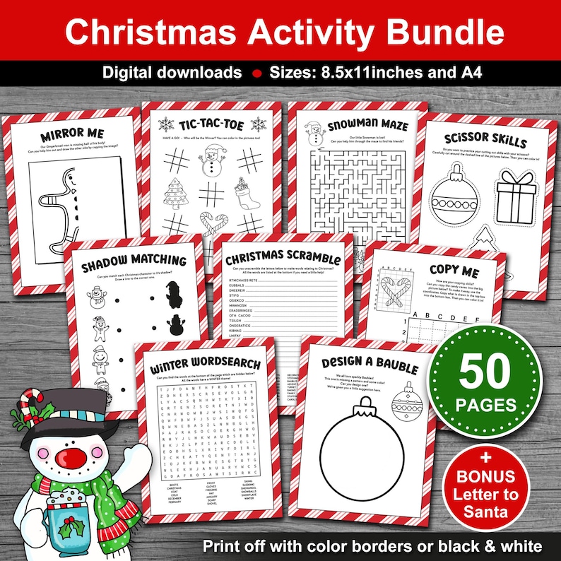 Christmas Activity Pages Bundle for Kids. 50 Printable Christmas Activities for Classroom Parties, School and Home during the Holiday Season. Children's printable Christmas activity pages. Letter to Santa included.