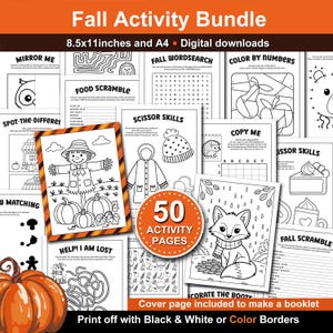 May include: A Fall Activity Bundle featuring 50 digital download pages in 8.5x11 inches and A4 sizes. The collection includes black and white activity sheets with themes like word searches, coloring pages, mazes, and scissor skills for children.