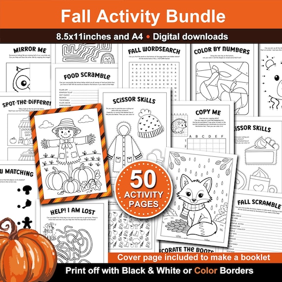 Fall Kids Activity Bundle. 50 printable pages. Fall themed Autumn Fun Activities for School and Home during the Holiday Season