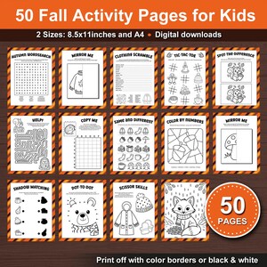 Fall Activity Pages Bundle for Kids. 50 Printable Fall themed Autumn Fun Activities for School and Home during the Holiday Season. Printable Fall activity pages for kids. Color borders or black and white borders.