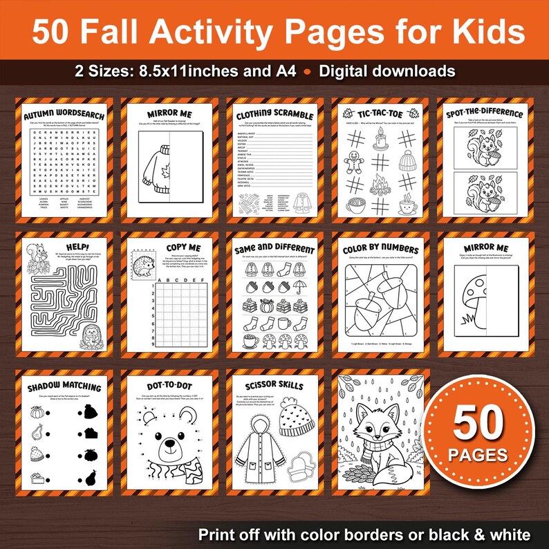 Fall Activity Pages Bundle for Kids. 50 Printable Fall themed Autumn Fun Activities for School and Home during the Holiday Season. Printable Fall activity pages for kids. Color borders or black and white borders.
