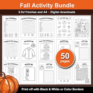 May include: A collection of printable fall activity pages, including word searches, coloring pages, and games. The bundle includes 50 pages with a variety of activities. The pages are designed to be printed on 8.5x11 inch paper and A4 paper.