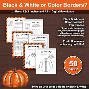 Fall Activity Pages Bundle for Kids. 50 Printable Fall themed Autumn Fun Activities for School and Home during the Holiday Season. Printable Fall activity pages for kids. Color borders or black and white borders.