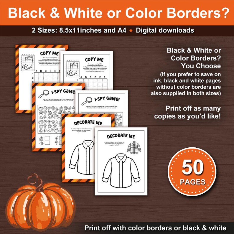Fall Activity Pages Bundle for Kids. 50 Printable Fall themed Autumn Fun Activities for School and Home during the Holiday Season. Printable Fall activity pages for kids. Color borders or black and white borders.