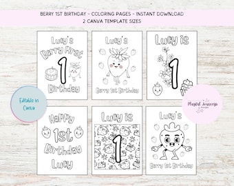 Berry First Birthday Editable Canva Template, personalized printable, berry first birthday coloring pages, strawberry birthday party favor