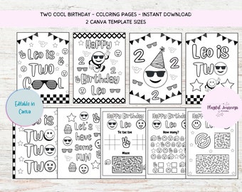 Editable Two Cool Coloring Pages,Two Cool Activity Pages,Two Cool Birthday Party, Activities Printable,Party Games, canva