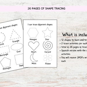 May include: A printable worksheet with 26 pages of shape tracing activities for kids. The worksheet includes 12 shapes to learn and trace, such as a circle, triangle, hexagon, star, heart, and more. The worksheet also includes a Spanish version with the same trace activities.