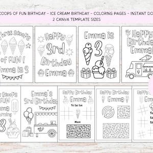 以下が含まれることがあります： アイスクリームコーン、アイスクリームトラック、誕生日をテーマにしたイラストが描かれた白黒の印刷可能な塗り絵ページ。ページには、「Three Scoops of Fun! Emma is 3」、「Happy 3rd Birthday Emma」、「Emma is 3」、「Happy Birthday Emma」、「Emma's 3rd Birthday」、「Happy Birthday Emma」、「Happy Birthday Emma」、「Happy Birthday Emma」のテキストが含まれています。