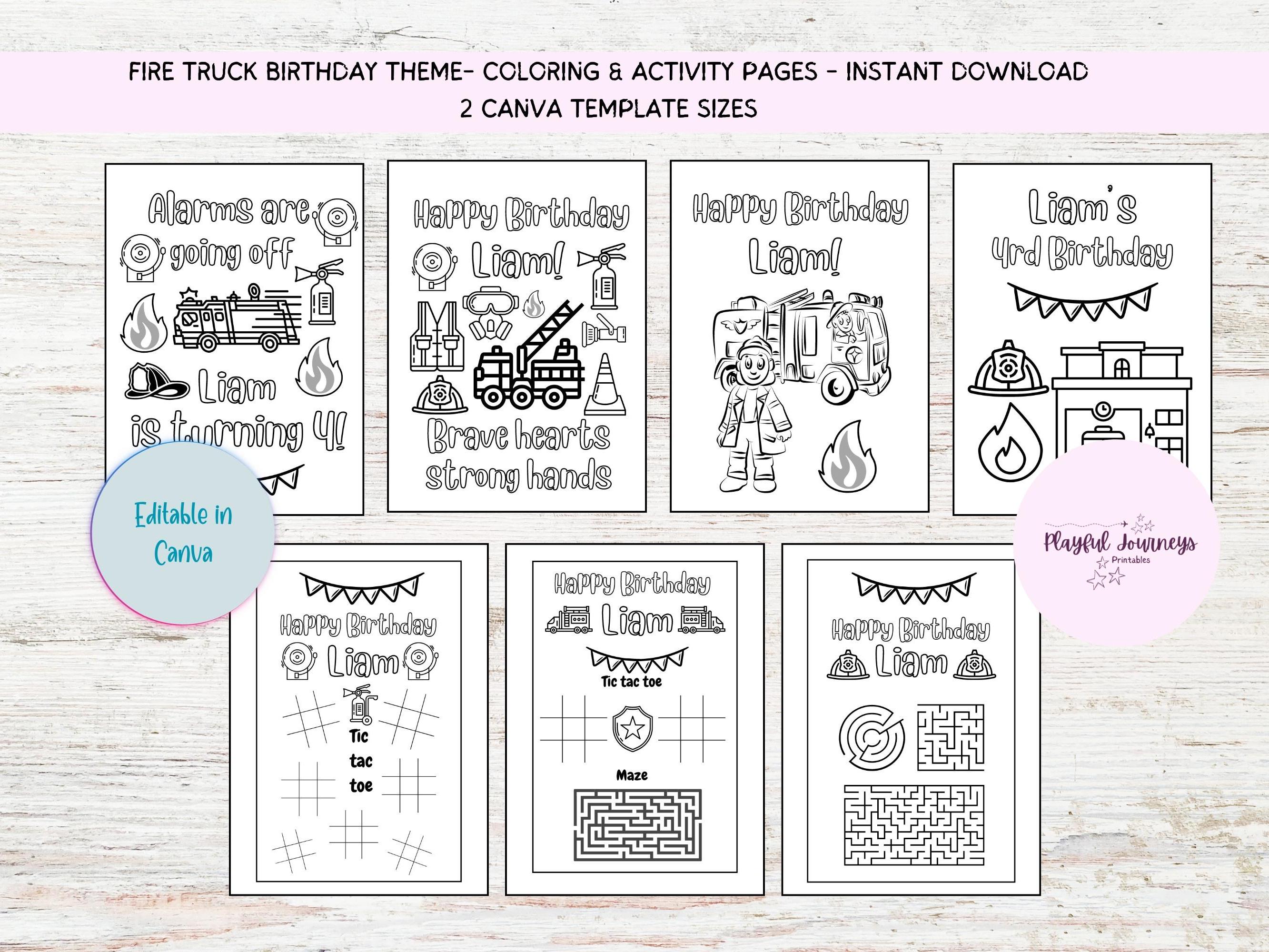 Editable Fire Truck Coloring Pages,Fire truck Activity Pages,fire truck Birthday Party,Party Games,fireman party favor, instant download