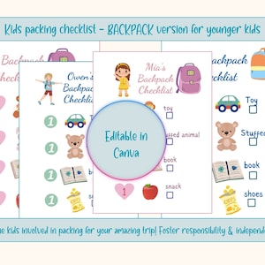 Pode incluir: Uma lista de verificação imprimível para as crianças fazerem as malas das suas mochilas para uma viagem. A lista de verificação inclui itens como um brinquedo, um animal de pelúcia, um livro, um lanche e sapatos. A lista de verificação é editável no Canva.