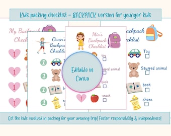 Lista de equipaje visual para niños, lista de verificación de mochilas para niños, lista de equipaje para niños, lista de equipaje para niños en edad preescolar, lista de equipaje para familias, equipaje para niños
