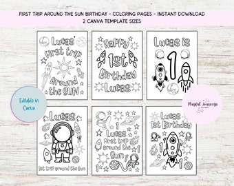 First trip around the sun birthday,Editable Canva Template, personalized printable,first birthday coloring pages, around the sun party favor