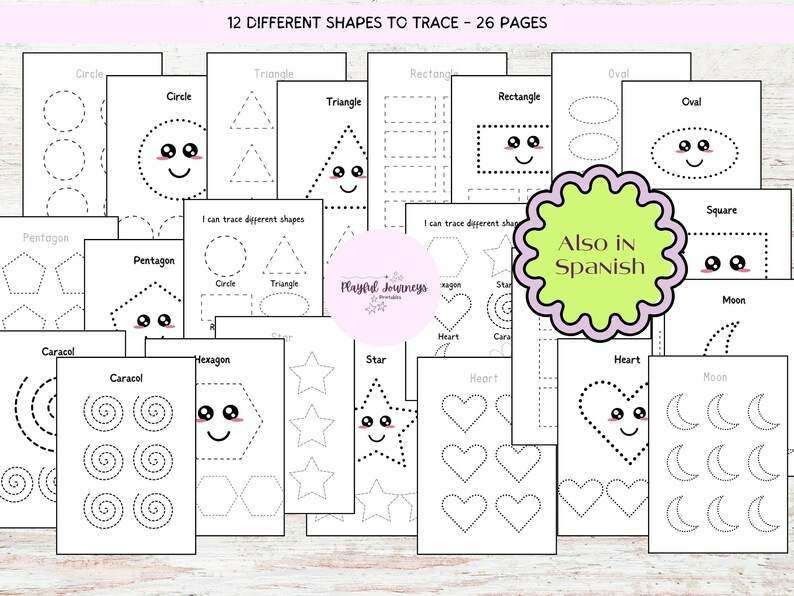 May include: A set of 26 printable worksheets for tracing different shapes. The shapes include a circle, triangle, rectangle, oval, square, pentagon, hexagon, star, heart, and moon. The worksheets are designed for children to practice their fine motor skills and learn about different shapes.