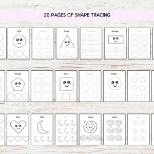 May include: A set of 26 printable worksheets for tracing different shapes. Each page features a different shape, such as a circle, triangle, square, star, heart, and more. The shapes are outlined with dotted lines for tracing practice. Some shapes have a cute face drawn on them.