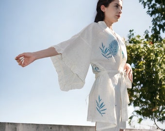 Kimono en coton et lin fait main pour femme