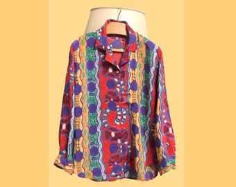 Vintage Multicolor Fantasy Pattern Shirt Long Sleeves Woman 90's