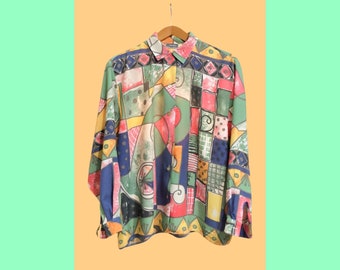 Camisa Vintage Multicolor Estampado Fantasía Mujer Años 90