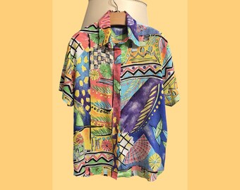 Vintage Multicolor Fantasía Patrón Camisa Mangas Cortas Unisex 90's