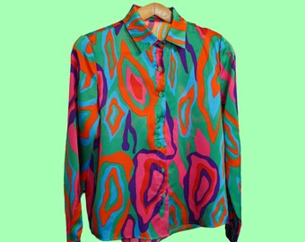 Vintage mehrfarbiges Fantasy-Muster Indie-Shirt für Damen mit langen Ärmeln