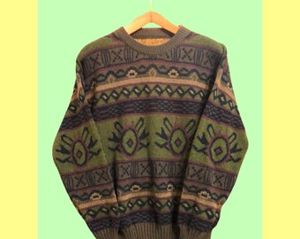 Vintage Multicolor Green Brown Sweater Pattern Unisex 90's