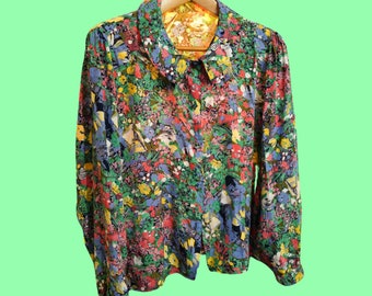 Vintage Mehrfarbiges Fantasy-90er-Jahre-Muster-Indie-Hemd für Damen mit langen Ärmeln