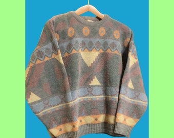 Vintage multicolor fantasía suéter raro unisex 90's patrón multicolor