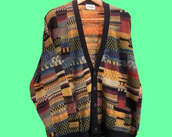 Vintage multicolor suéter pullover cardigan patrón unisex 90's mezcla lana