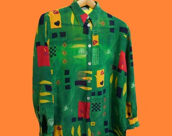 Vintage Multicolor Fantasy Pattern Indie Shirt Woman Long Sleeves