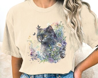 Whimsical Cat T-Shirt, Watercolor Floral Cat Design, Artistic Cat Lover Gift, Unique Pet Inspired Top, Apparel, Mom Cat Top, Mothers Day Tee