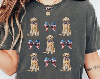 Golden Retriever mit Amerikanischer Flagge, USA Pride Haustier-T-Shirt, 4. Juli Kleidung für Hundeliebhaber, Coquette Design, Hundemutter